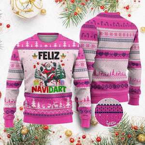 Dartist Feliz Navidart Ugly Christmas Sweater Funny Santa Running From Darts Xmas Gift TS12 Hot Pink Print Your Wear