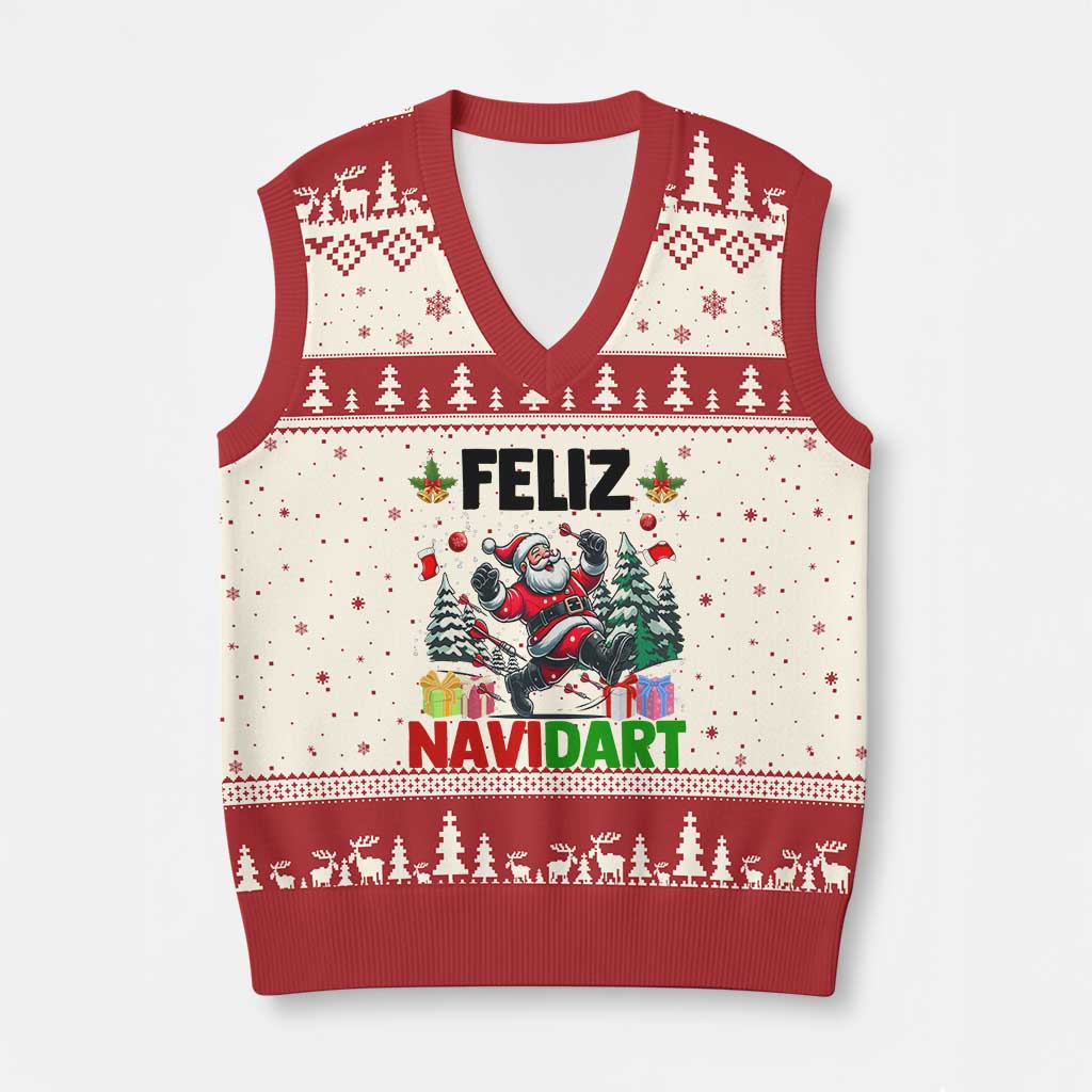 Dartist Feliz Navidart V-Neck Knit Sweater Vest Funny Santa Running From Darts Xmas Gift TS12 Beige Red Print Your Wear