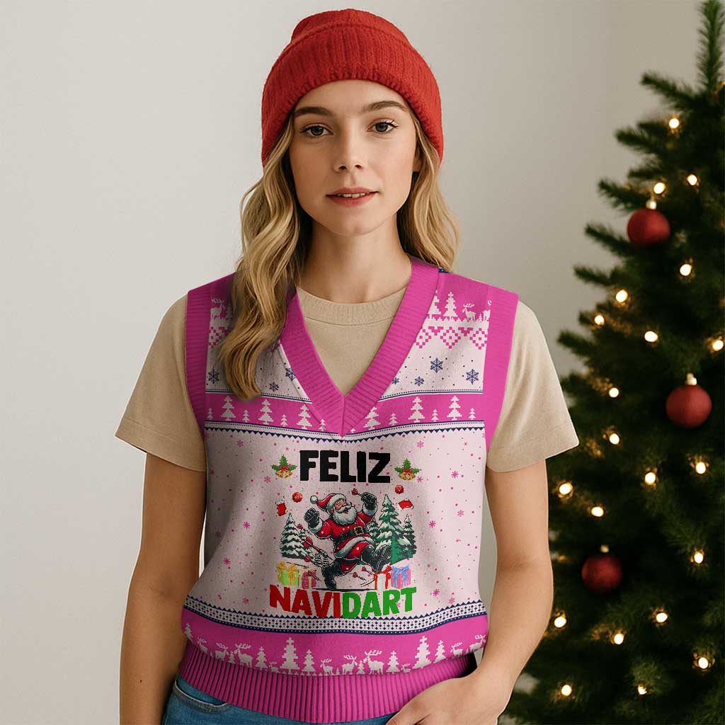 Dartist Feliz Navidart V-Neck Knit Sweater Vest Funny Santa Running From Darts Xmas Gift TS12 Hot Pink Print Your Wear