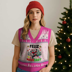 Dartist Feliz Navidart V-Neck Knit Sweater Vest Funny Santa Running From Darts Xmas Gift TS12 Hot Pink Print Your Wear