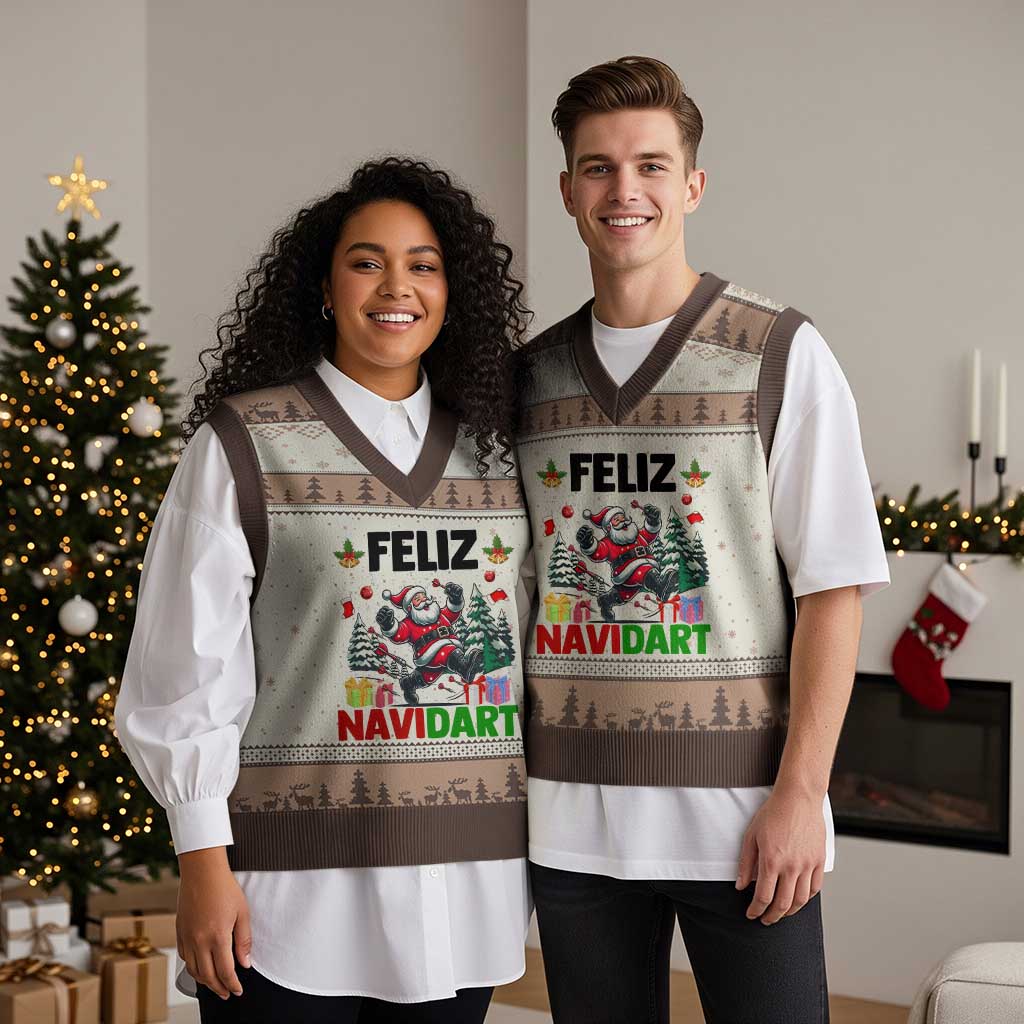 Dartist Feliz Navidart V-Neck Knit Sweater Vest Funny Santa Running From Darts Xmas Gift TS12 Mocha Mousse Print Your Wear