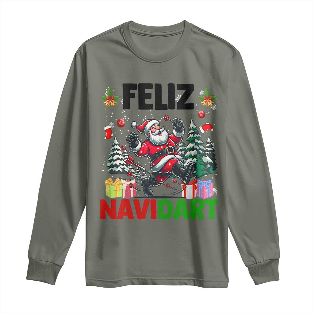 Dartist Feliz Navidart Long Sleeve Shirt Funny Santa Running From Darts Christmas Gift TS12 Military Green Print Your Wear