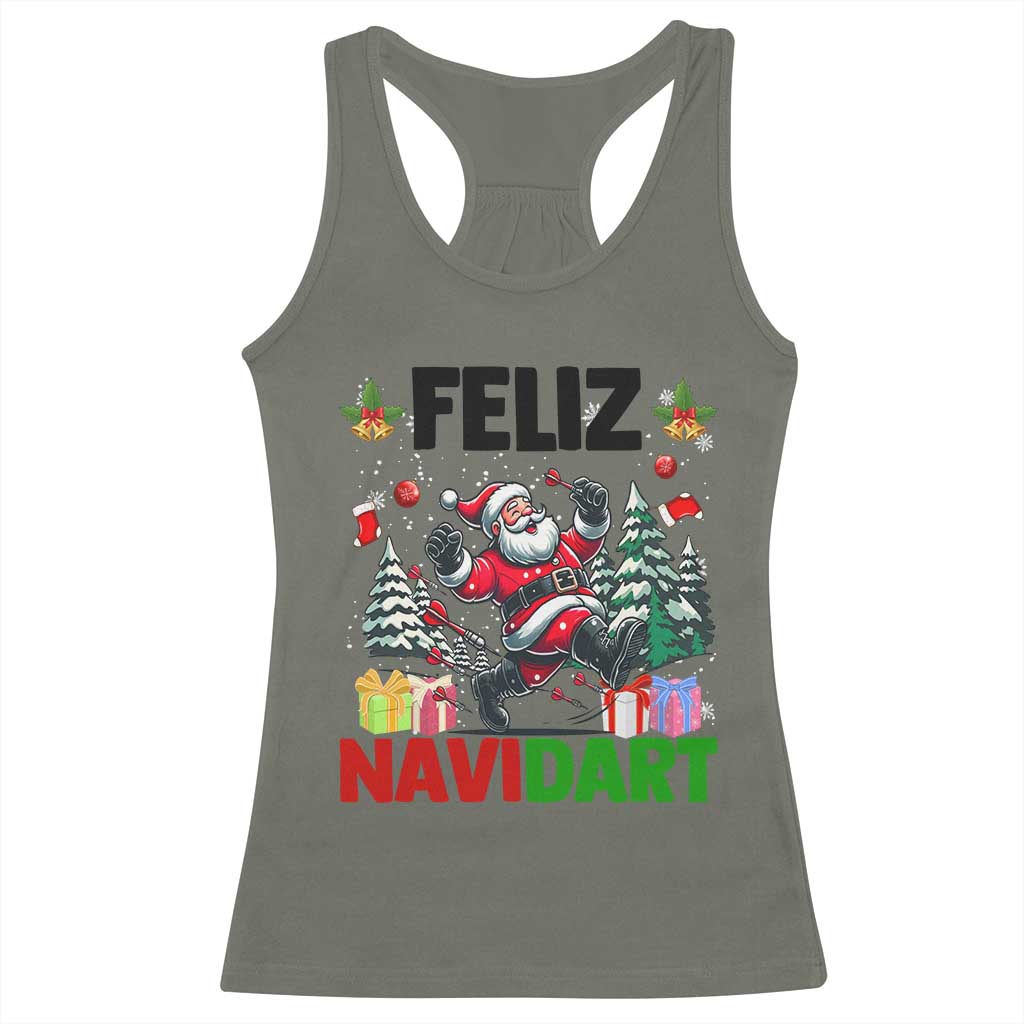 Dartist Feliz Navidart Racerback Tank Top Funny Santa Running From Darts Christmas Gift TS12 Military Green Print Your Wear