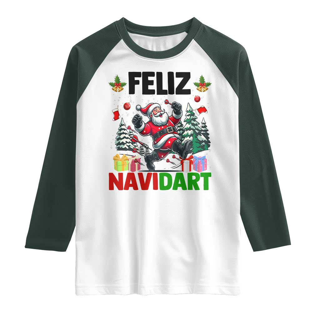 Dartist Feliz Navidart Raglan Shirt Funny Santa Running From Darts Christmas Gift TS12 White Dark Forest Green Print Your Wear