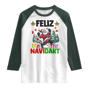 Dartist Feliz Navidart Raglan Shirt Funny Santa Running From Darts Christmas Gift TS12 White Dark Forest Green Print Your Wear
