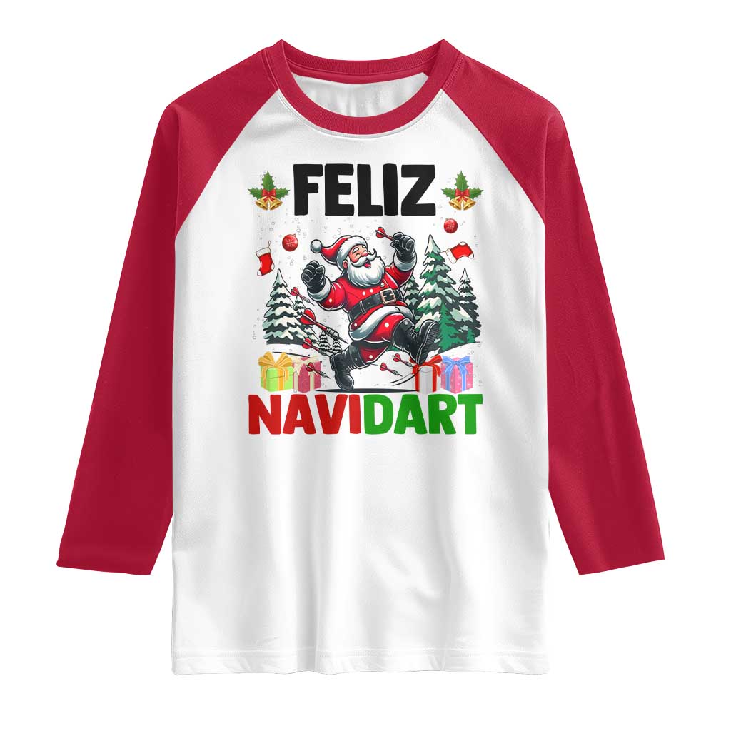 Dartist Feliz Navidart Raglan Shirt Funny Santa Running From Darts Christmas Gift TS12 White Red Print Your Wear