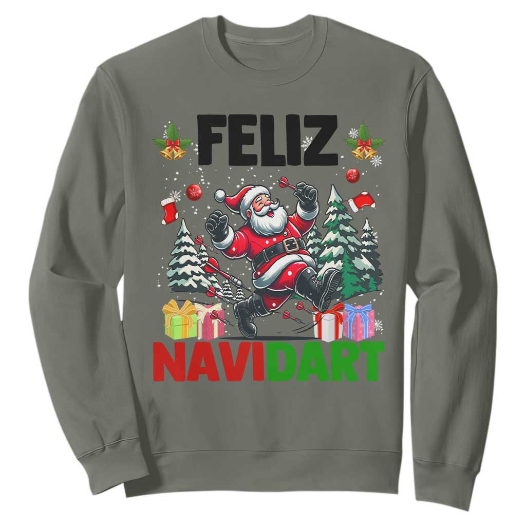 Dartist Feliz Navidart Sweatshirt Funny Santa Running From Darts Christmas Gift TS12 Military Green Print Your Wear