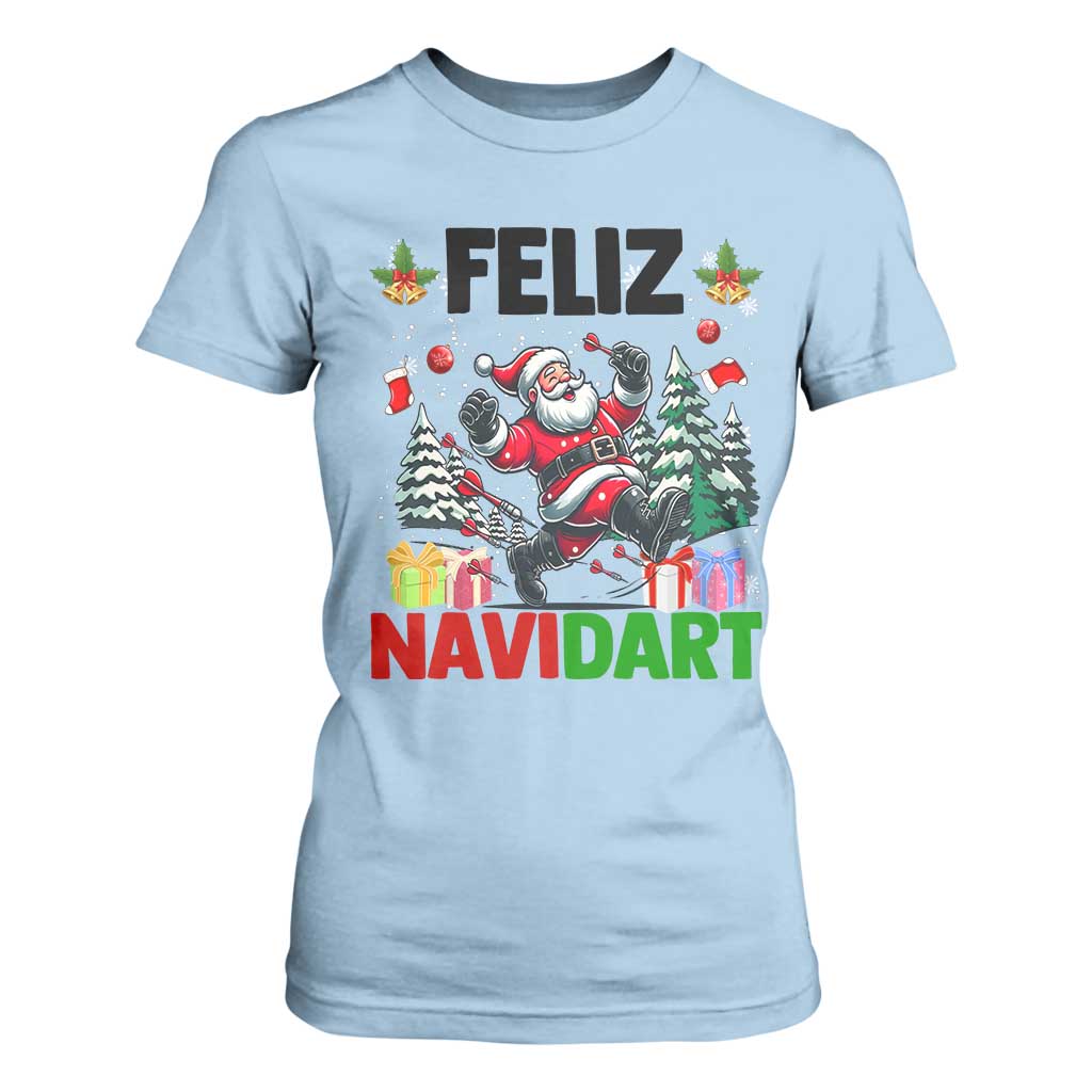 Dartist Feliz Navidart T Shirt For Women Funny Santa Running From Darts Christmas Gift TS12 Light Blue Print Your Wear