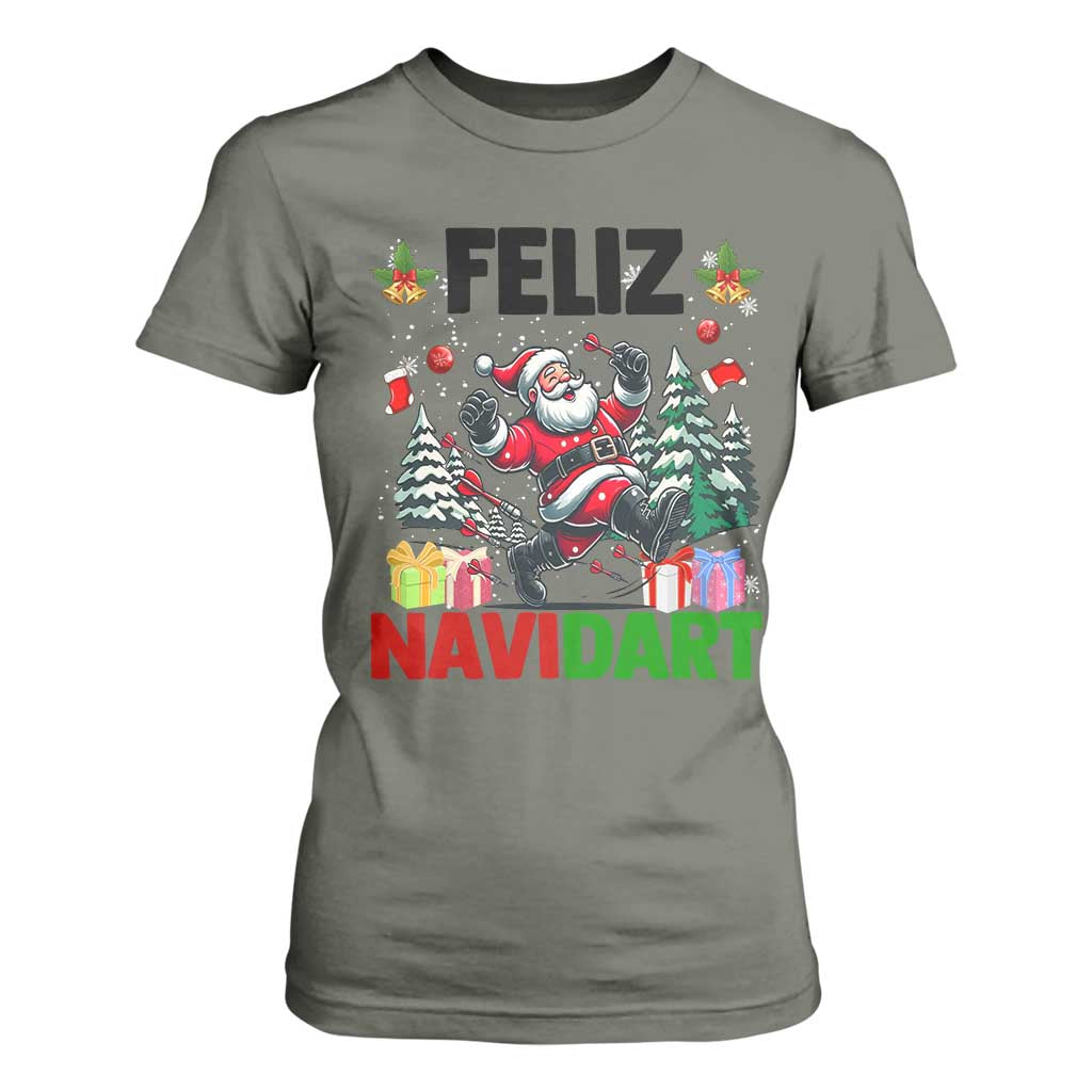 Dartist Feliz Navidart T Shirt For Women Funny Santa Running From Darts Christmas Gift TS12 Military Green Print Your Wear