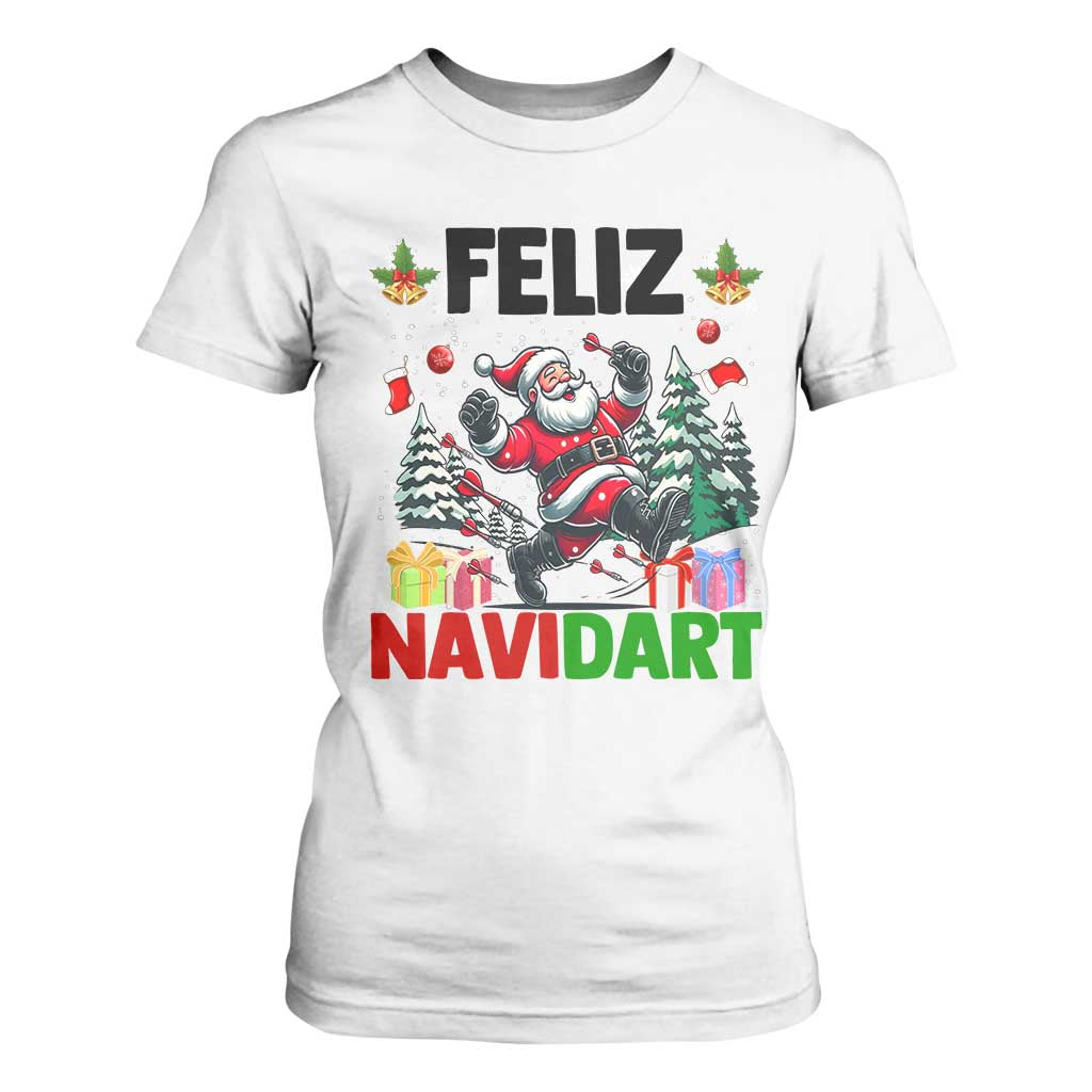 Dartist Feliz Navidart T Shirt For Women Funny Santa Running From Darts Christmas Gift TS12 White Print Your Wear