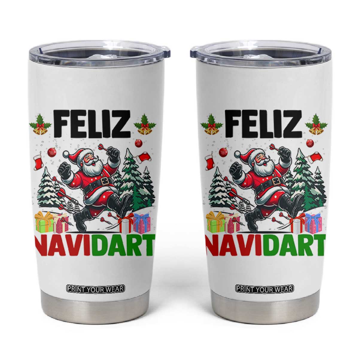 Dartist Feliz Navidart Tumbler Cup Funny Santa Running From Darts Christmas Gift TS12 White Print Your Wear