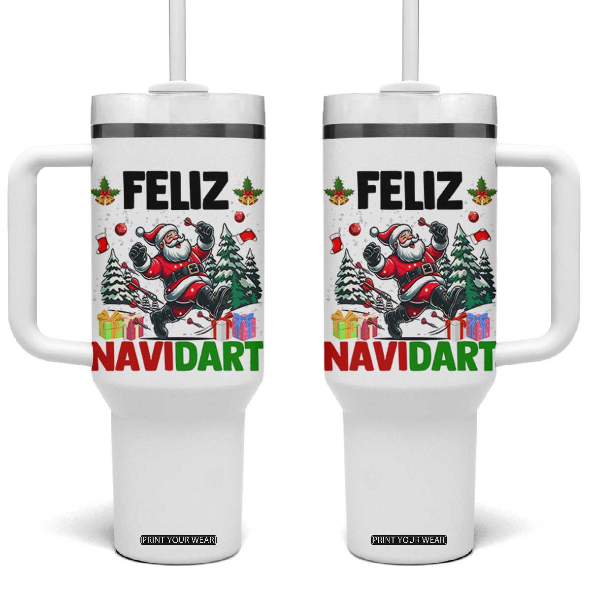 Dartist Feliz Navidart Tumbler With Handle Funny Santa Running From Darts Christmas Gift TS12 One Size: 40 oz White Print Your Wear