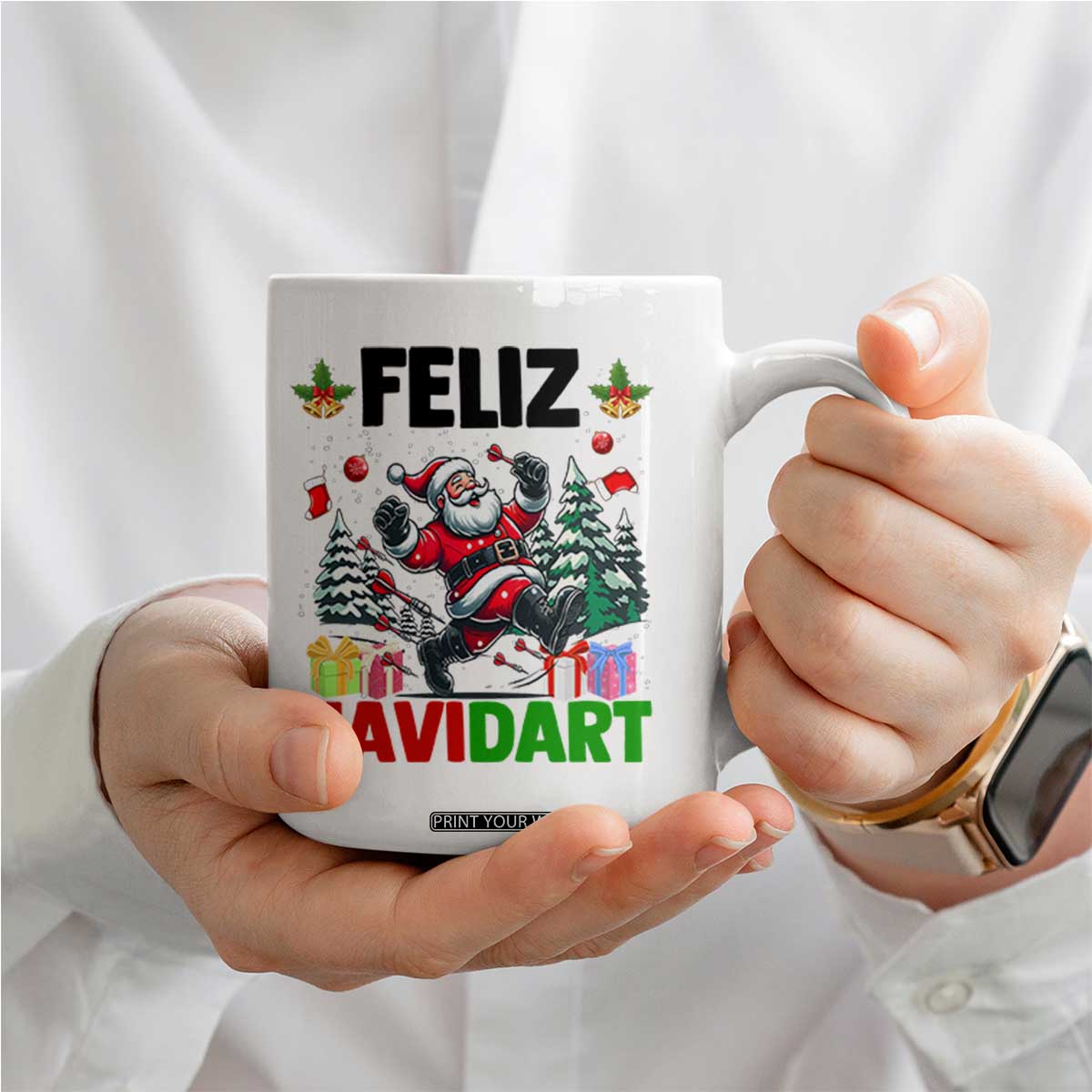 Dartist Feliz Navidart Coffee Mug Funny Santa Running From Darts Christmas Gift TS12 Print Your Wear