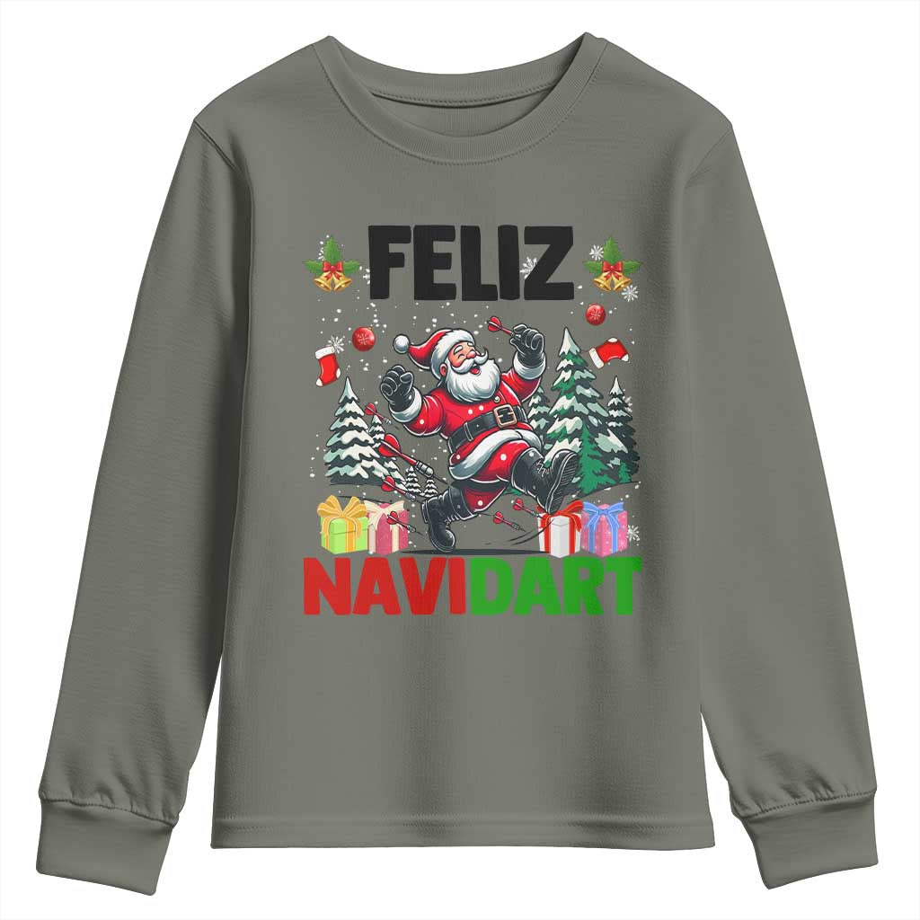 Dartist Feliz Navidart Youth Sweatshirt Funny Santa Running From Darts Christmas Gift TS12 Military Green Print Your Wear