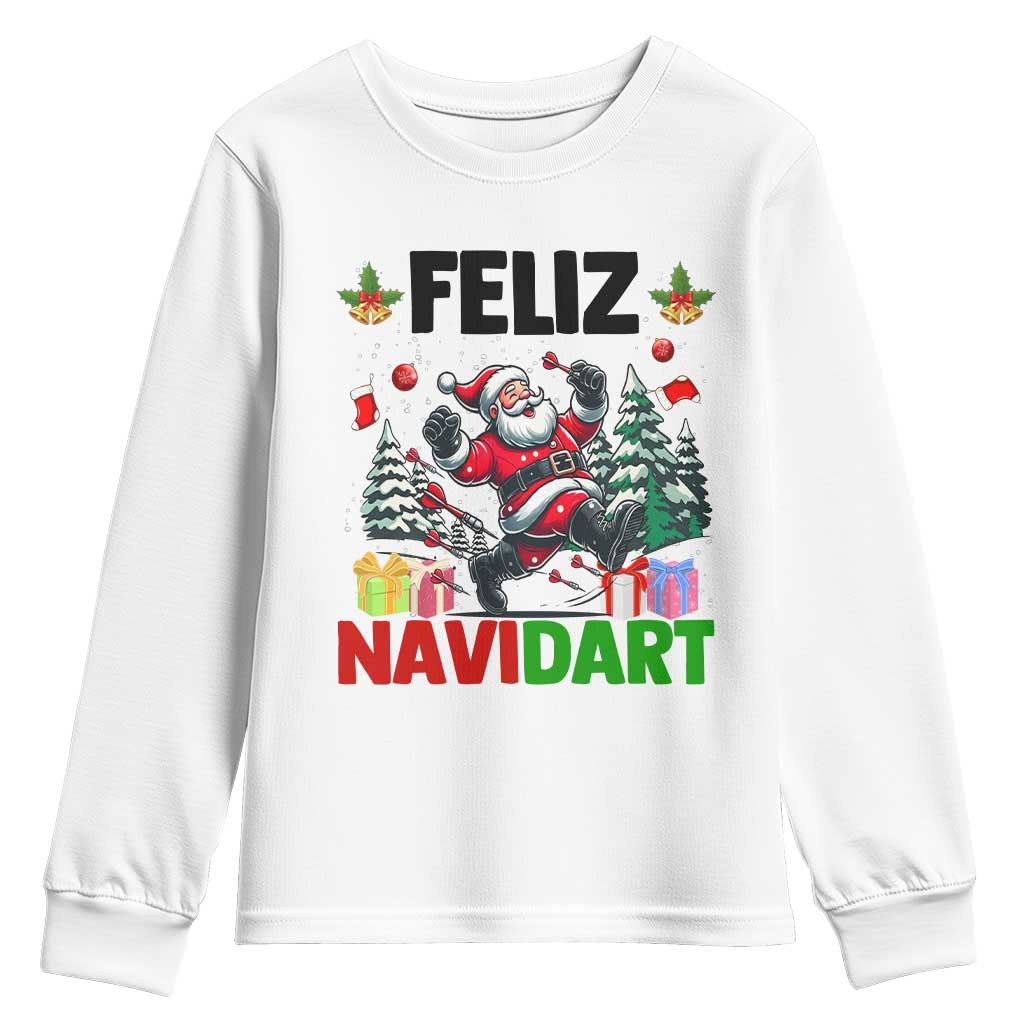 Dartist Feliz Navidart Youth Sweatshirt Funny Santa Running From Darts Christmas Gift TS12 White Print Your Wear