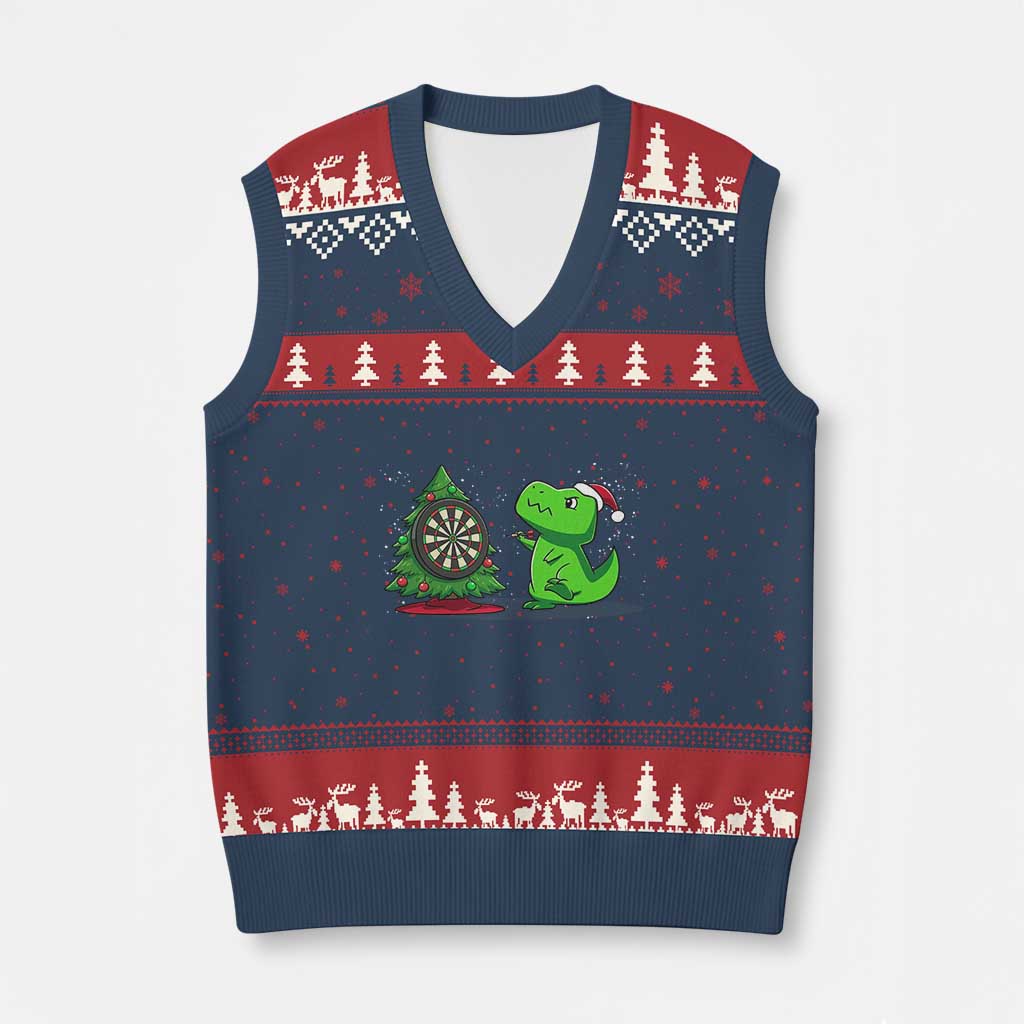 Christmas Dinosaur Dart Player V-Neck Knit Sweater Vest Funny Dino Lover TS12 Navy Red Print Your Wear