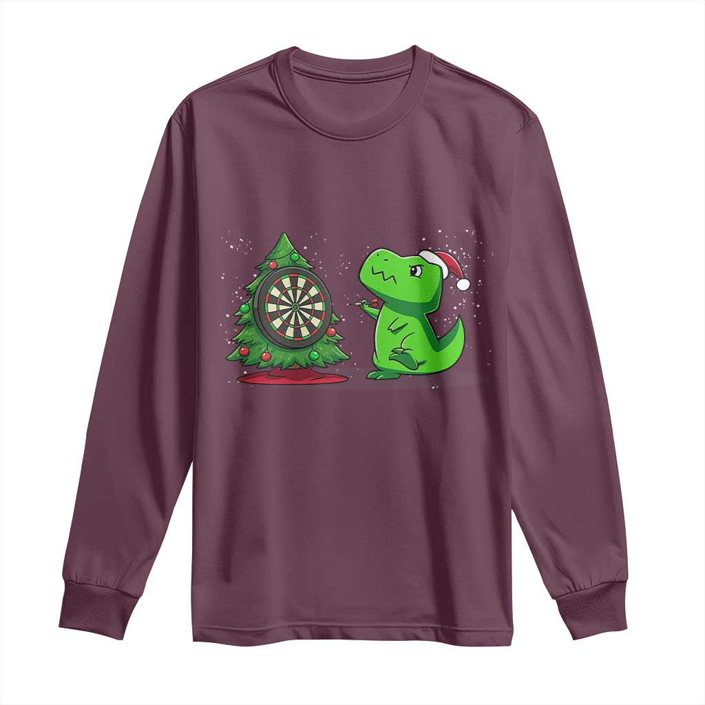 Christmas Dinosaur Dart Player Long Sleeve Shirt Funny Dino Lover TS12 Maroon Print Your Wear