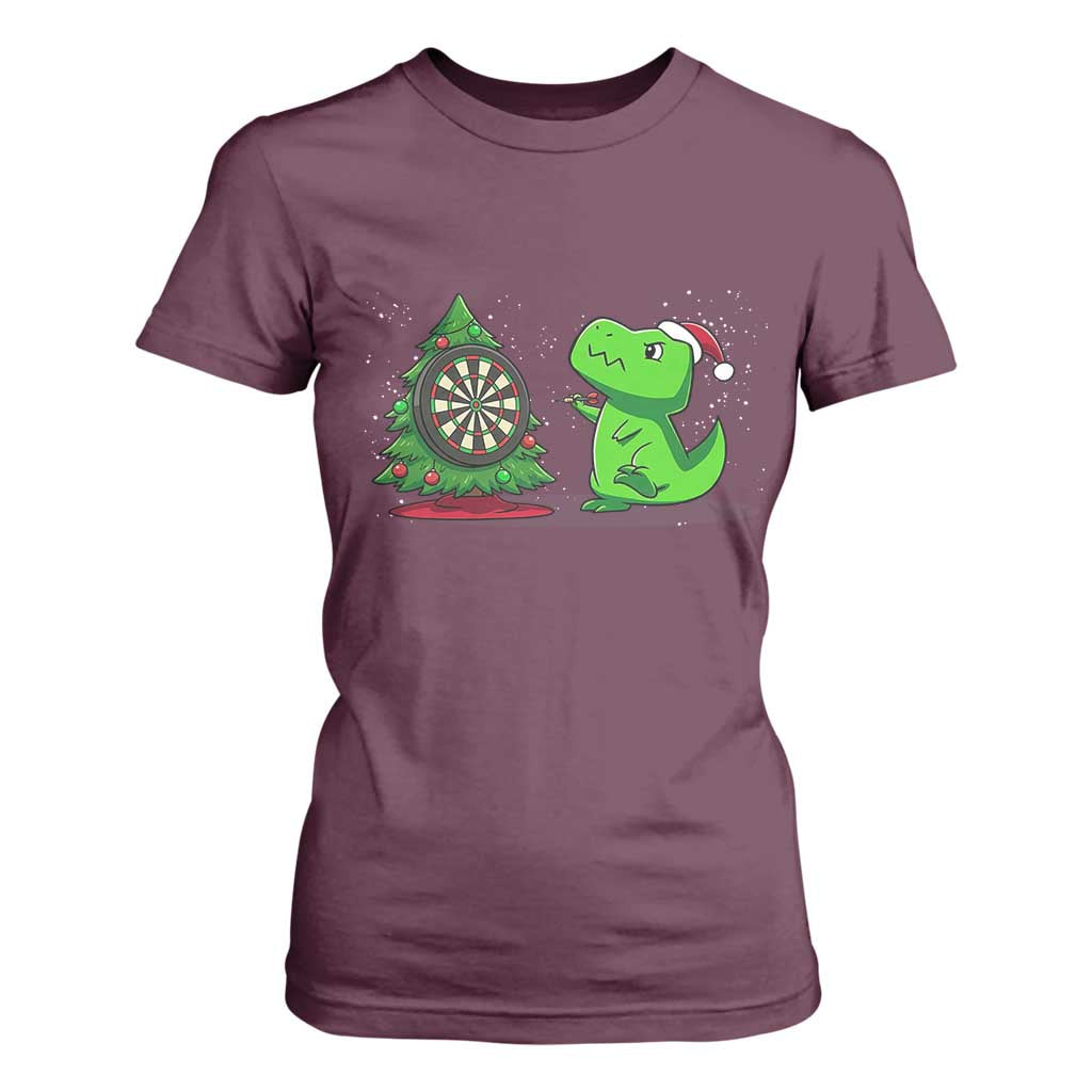 Christmas Dinosaur Dart Player T Shirt For Women Funny Dino Lover TS12 Maroon Print Your Wear