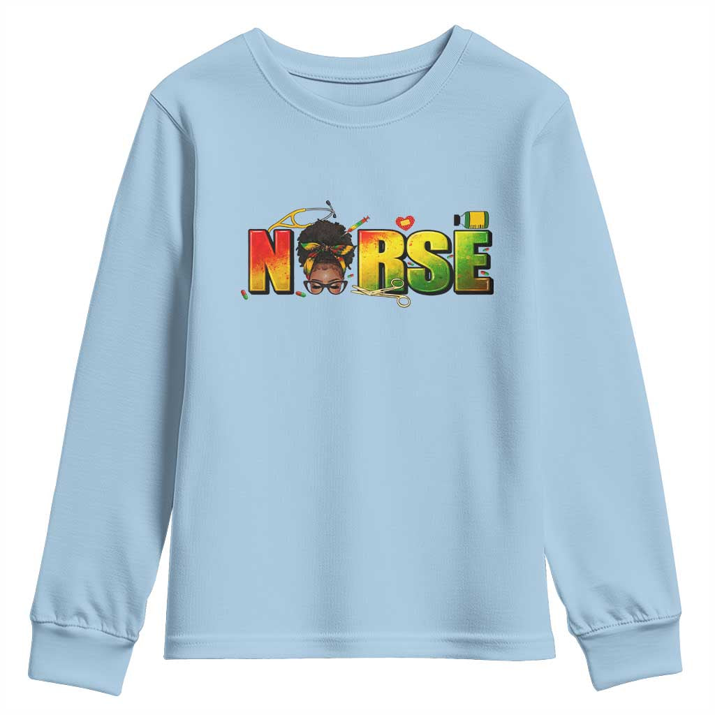 Proud Black Nurse Youth Sweatshirt Black History Month Healthcare Gift TS12 Light Blue Print Your Wear