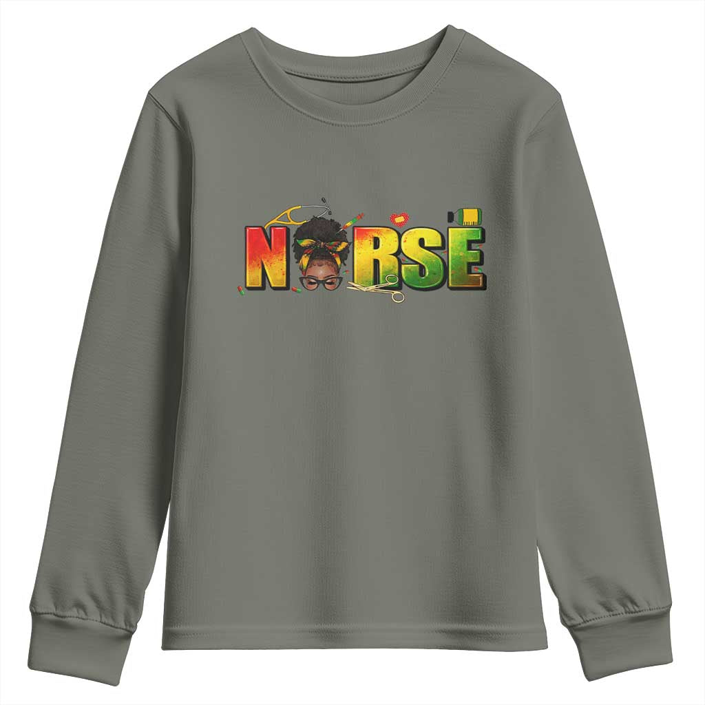Proud Black Nurse Youth Sweatshirt Black History Month Healthcare Gift TS12 Military Green Print Your Wear