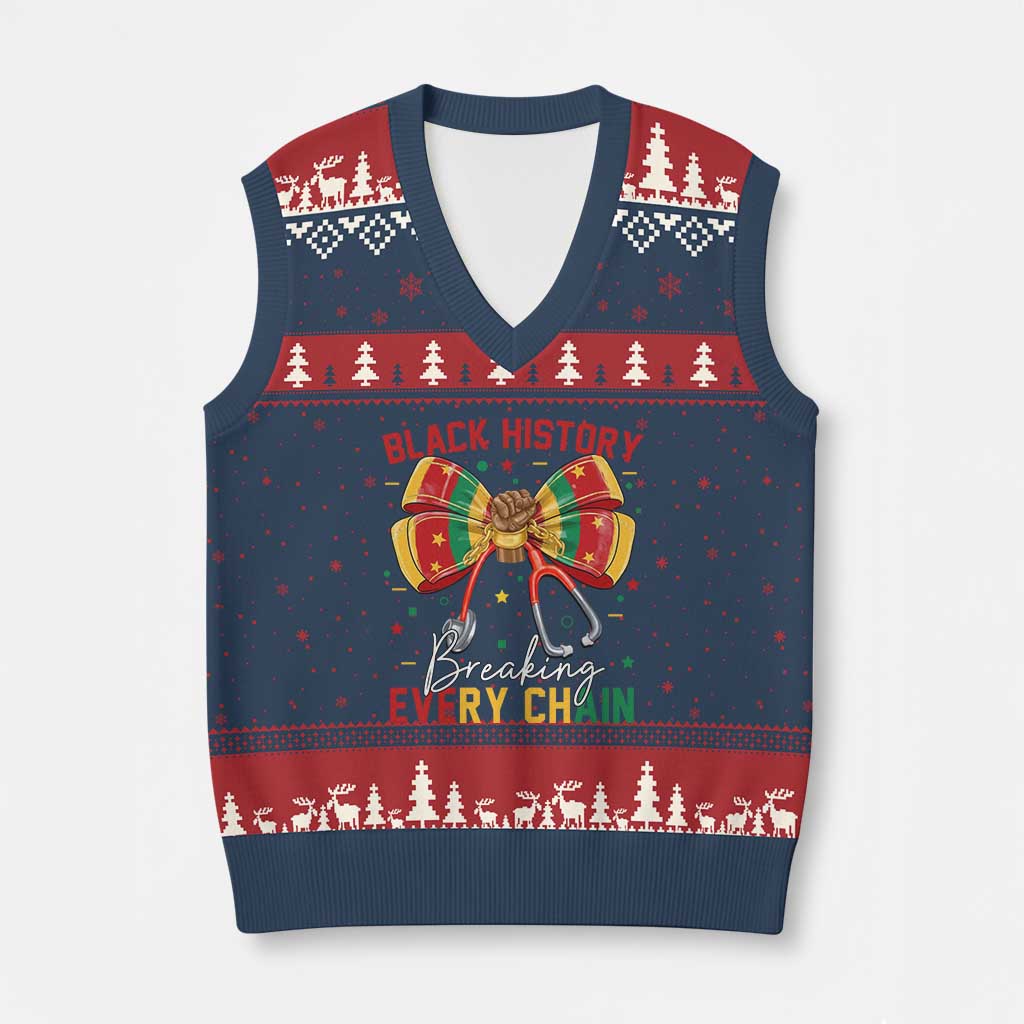 Black History Breaking Every Chain V-Neck Knit Sweater Vest Gift For Black Nurse TS12 Navy Red Print Your Wear