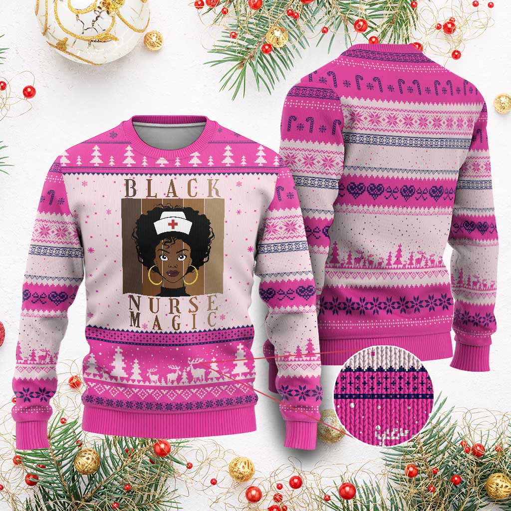 Black Nurse Magic Ugly Christmas Sweater Black History Month Nurse Gift TS12 Hot Pink Print Your Wear