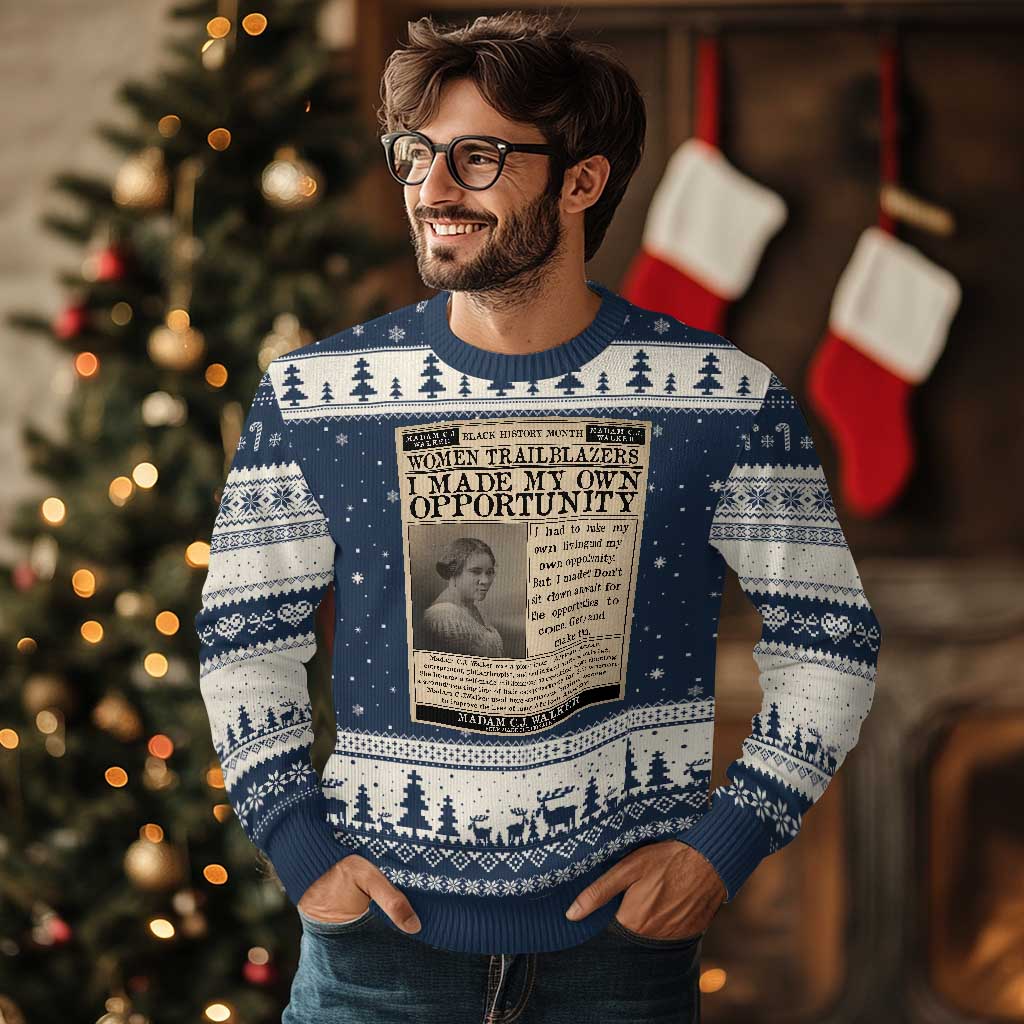 Madam C.J. Walker Ugly Christmas Sweater I Made My Own Opportunity TS12 Navy Beige Print Your Wear
