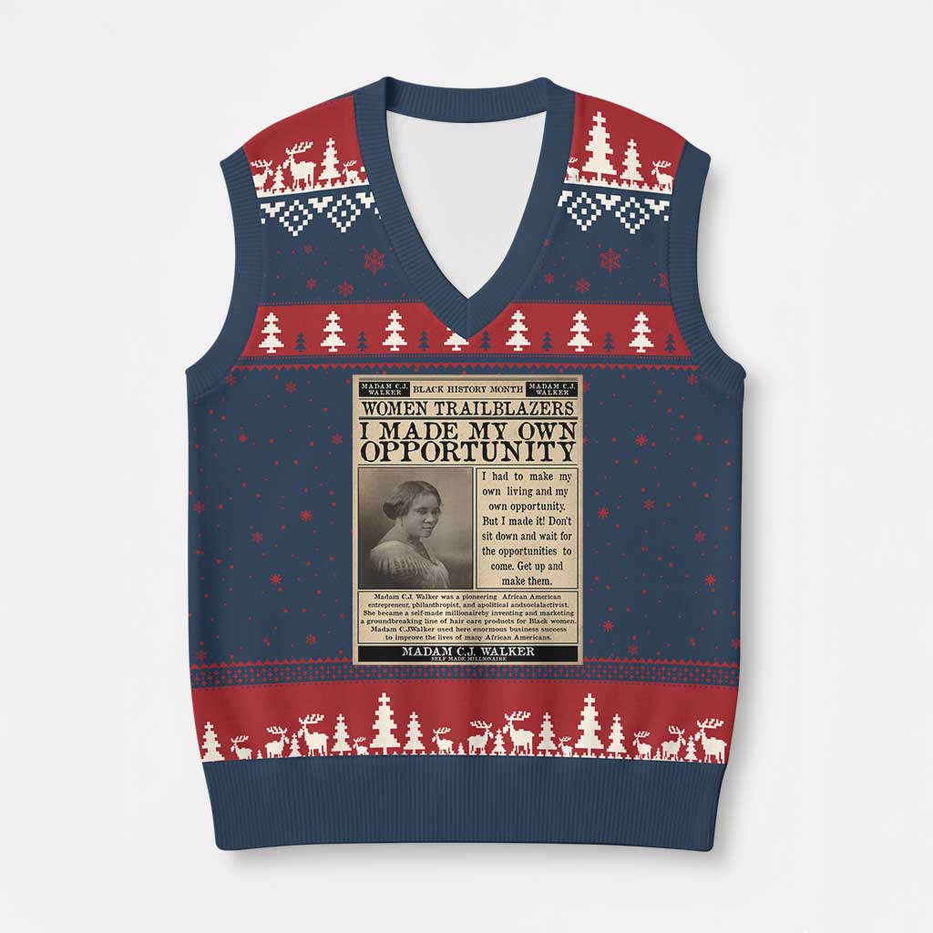 Madam C.J. Walker V-Neck Knit Sweater Vest I Made My Own Opportunity TS12 Navy Red Print Your Wear