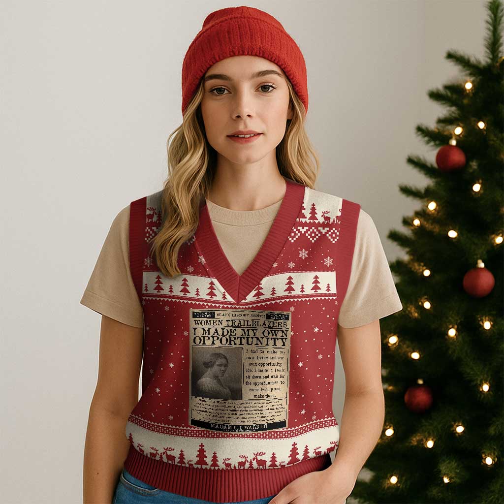 Madam C.J. Walker V-Neck Knit Sweater Vest I Made My Own Opportunity TS12 Red Beige Print Your Wear