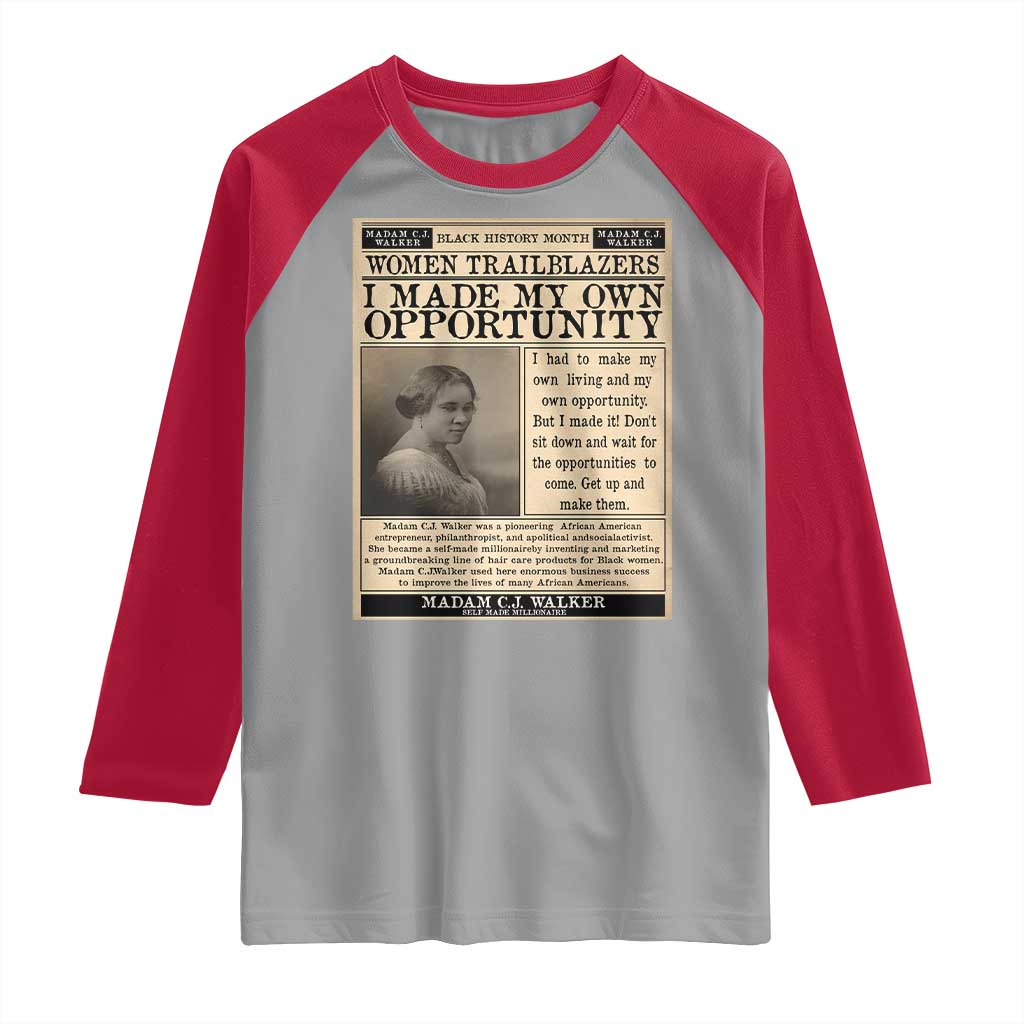 Madam C.J. Walker Raglan Shirt I Made My Own Opportunity TS12 Sport Gray Red Print Your Wear