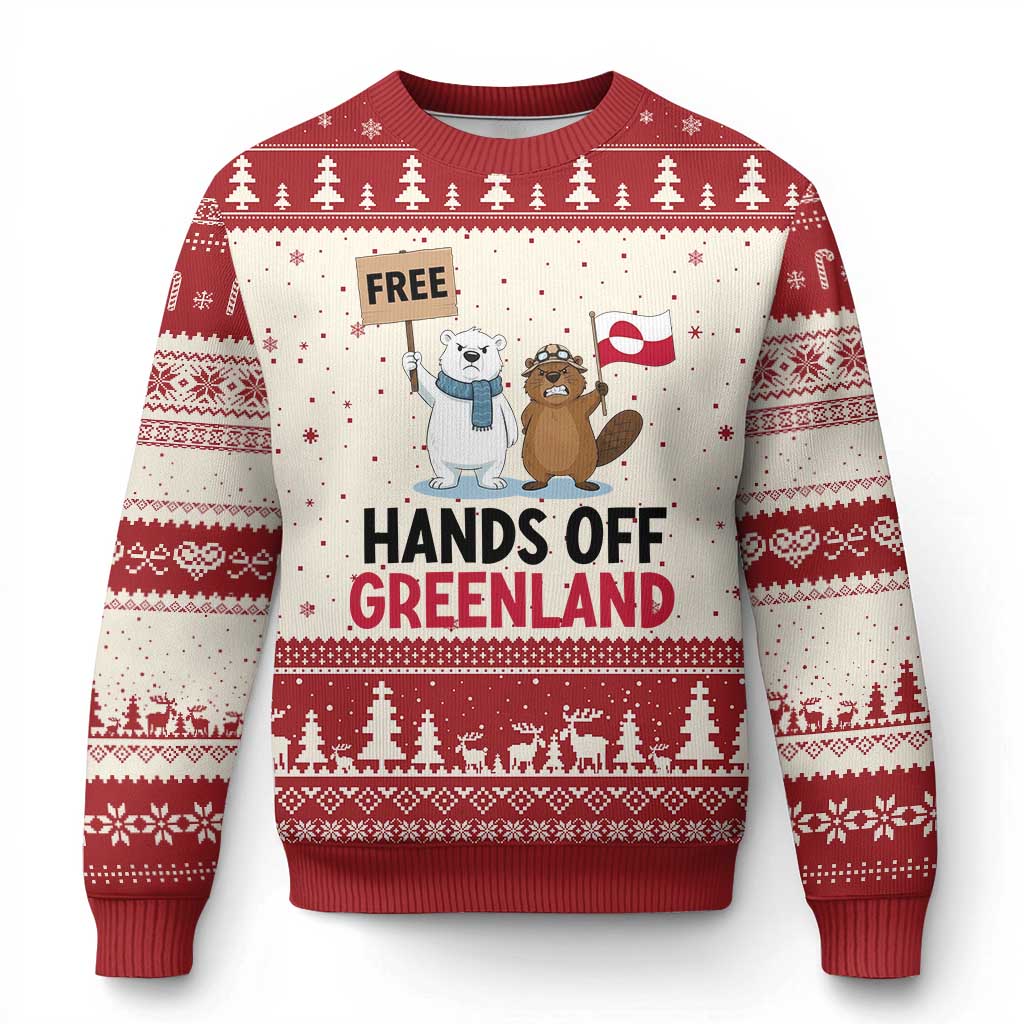 Funny Polar Bear Political Protest Ugly Christmas Sweater Hands Off Greenland TS12 Beige Red Print Your Wear