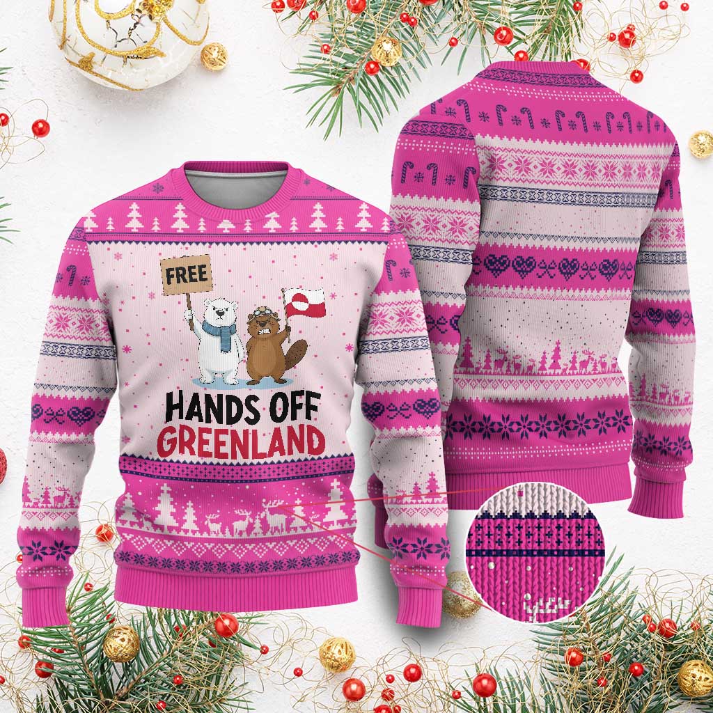 Funny Polar Bear Political Protest Ugly Christmas Sweater Hands Off Greenland TS12 Hot Pink Print Your Wear