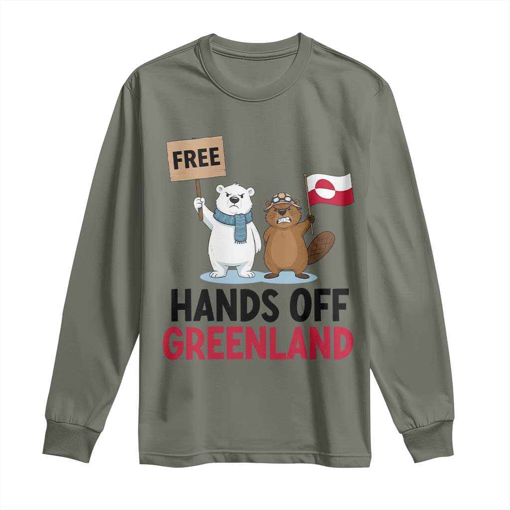 Funny Polar Bear Political Protest Long Sleeve Shirt Hands Off Greenland TS12 Military Green Print Your Wear