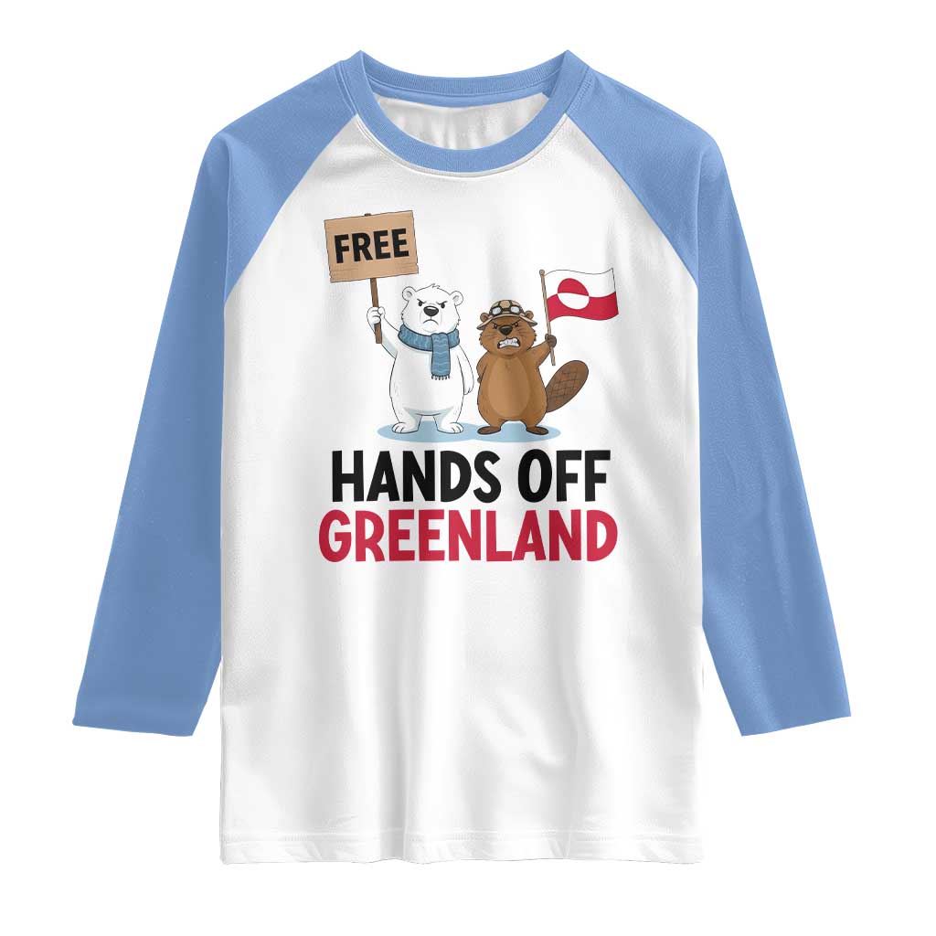 Funny Polar Bear Political Protest Raglan Shirt Hands Off Greenland TS12 White Carolina Blue Print Your Wear