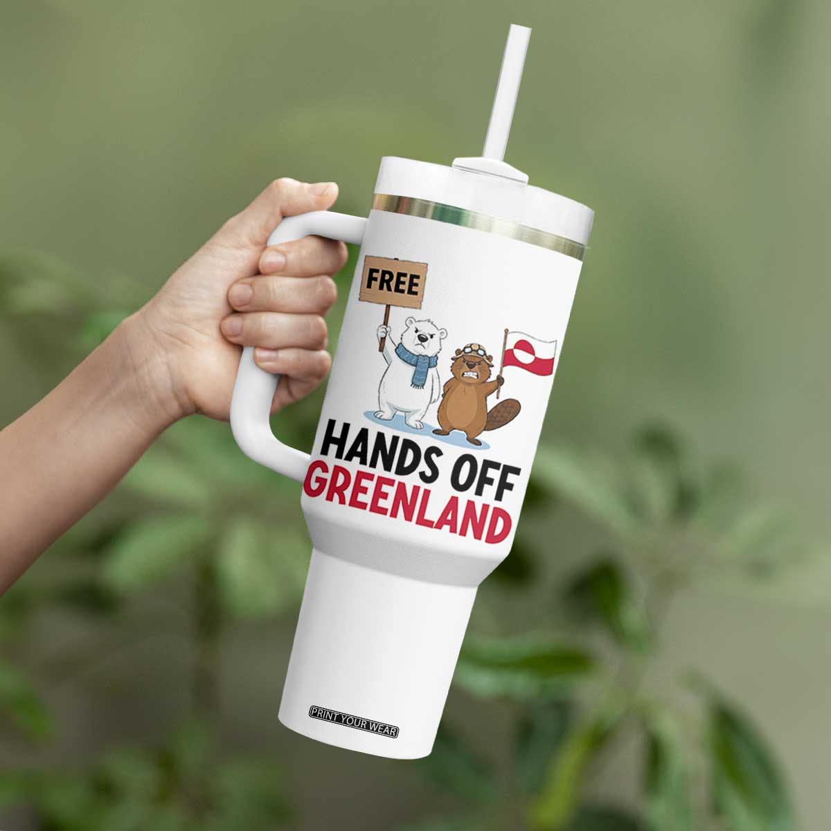 Funny Polar Bear Political Protest Tumbler With Handle Hands Off Greenland TS12 Print Your Wear