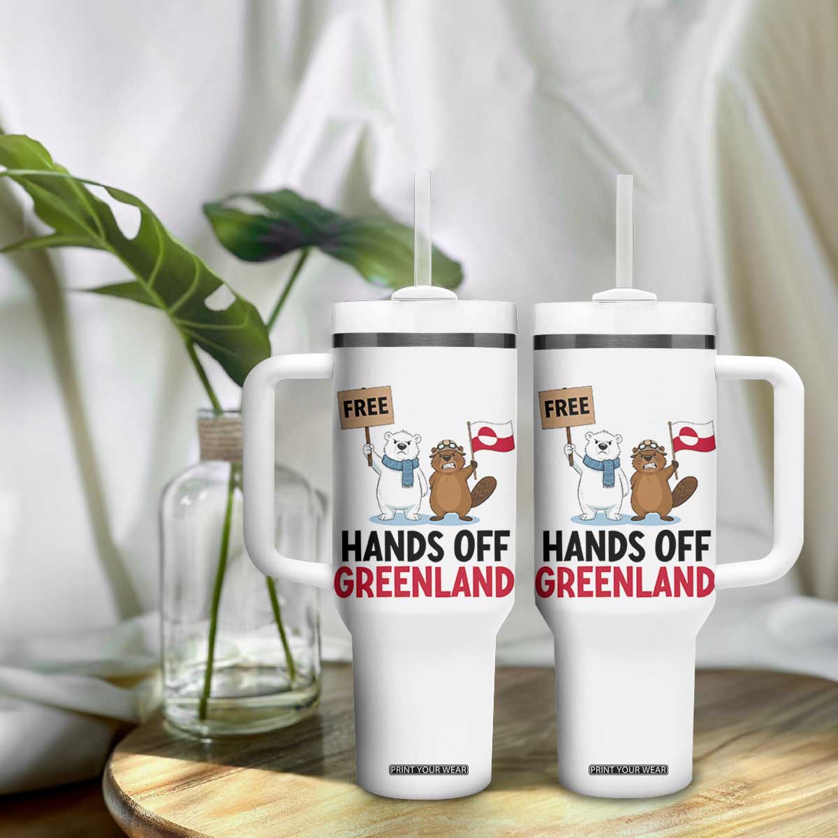 Funny Polar Bear Political Protest Tumbler With Handle Hands Off Greenland TS12 Print Your Wear