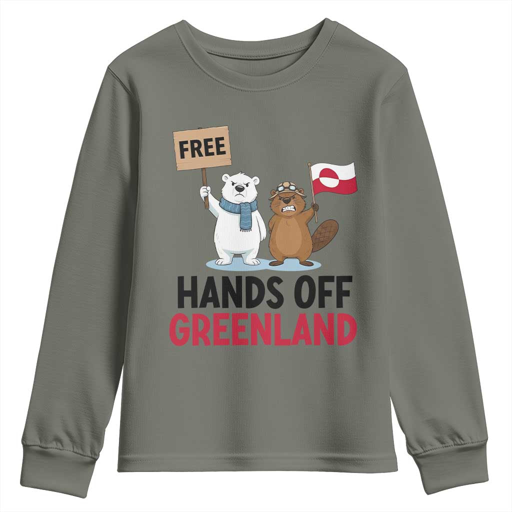 Funny Polar Bear Political Protest Youth Sweatshirt Hands Off Greenland TS12 Military Green Print Your Wear