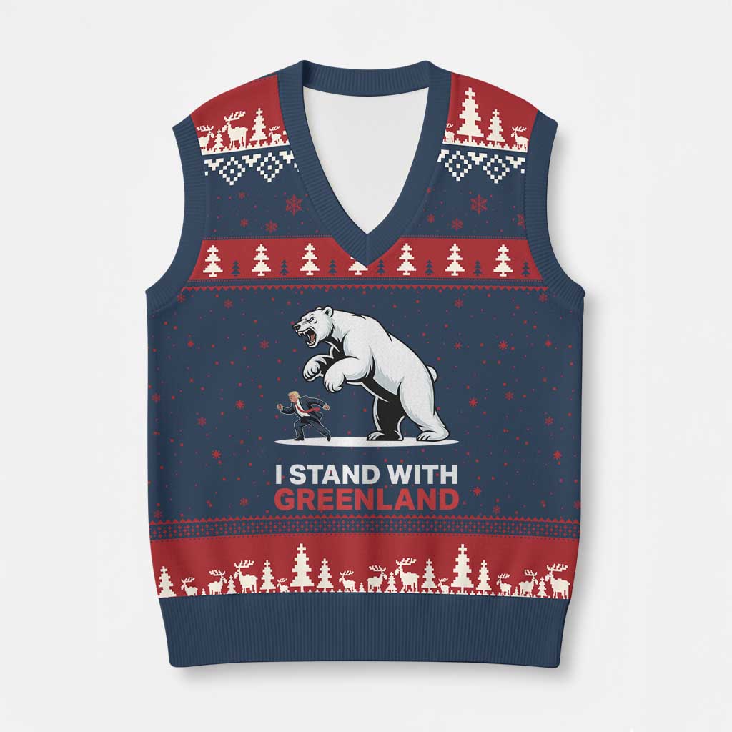 I Stand With Greenland V-Neck Knit Sweater Vest Anti Fascist Political Parody Gift TS12 Navy Red Print Your Wear