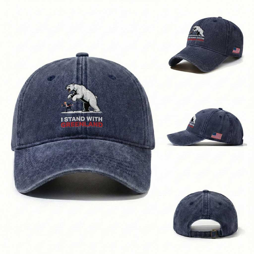 I Stand With Greenland Washed Cotton Baseball Cap Anti Fascist Political Parody Gift TS12 Washed Cap Universal Fit Navy Print Your Wear