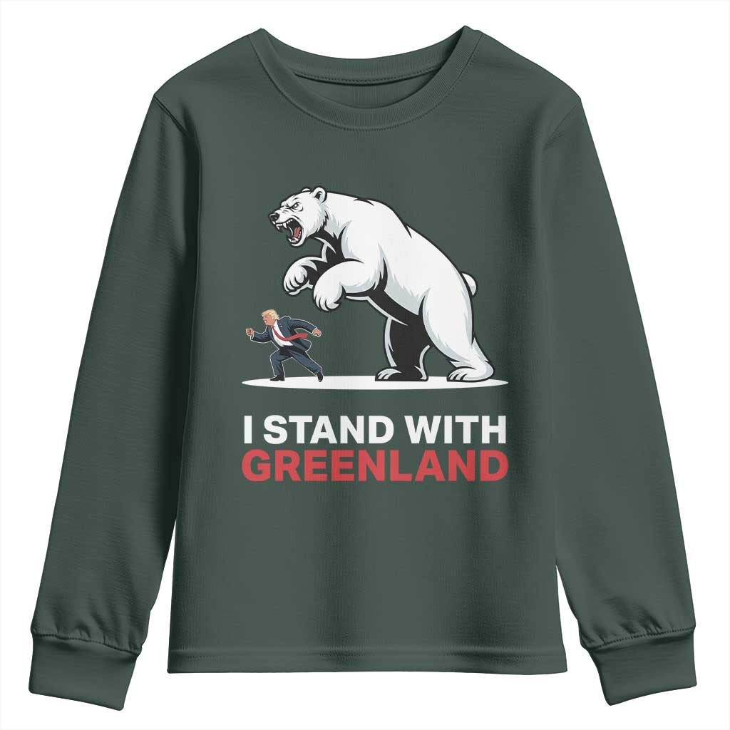 I Stand With Greenland Youth Sweatshirt Anti Fascist Political Parody Gift TS12 Dark Forest Green Print Your Wear