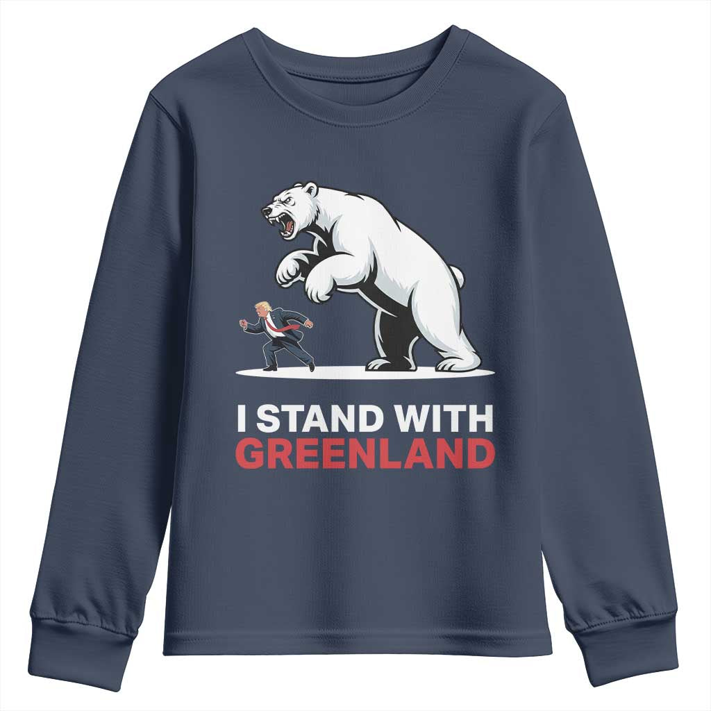 I Stand With Greenland Youth Sweatshirt Anti Fascist Political Parody Gift TS12 Navy Print Your Wear