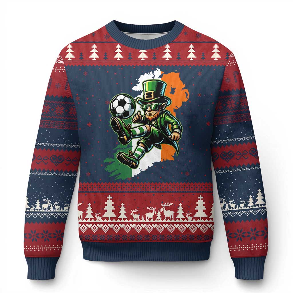 Funny Leprechaun Playing Soccer Ugly Christmas Sweater St Patricks Day TS12 Navy Red Print Your Wear