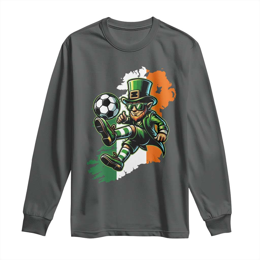 Funny Leprechaun Playing Soccer Long Sleeve Shirt St Patricks Day TS12 Dark Heather Print Your Wear