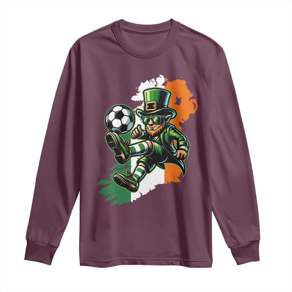 Funny Leprechaun Playing Soccer Long Sleeve Shirt St Patricks Day TS12 Maroon Print Your Wear