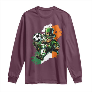 Funny Leprechaun Playing Soccer Long Sleeve Shirt St Patricks Day TS12 Maroon Print Your Wear