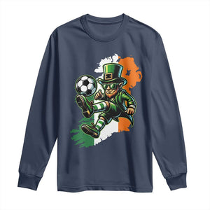 Funny Leprechaun Playing Soccer Long Sleeve Shirt St Patricks Day TS12 Navy Print Your Wear