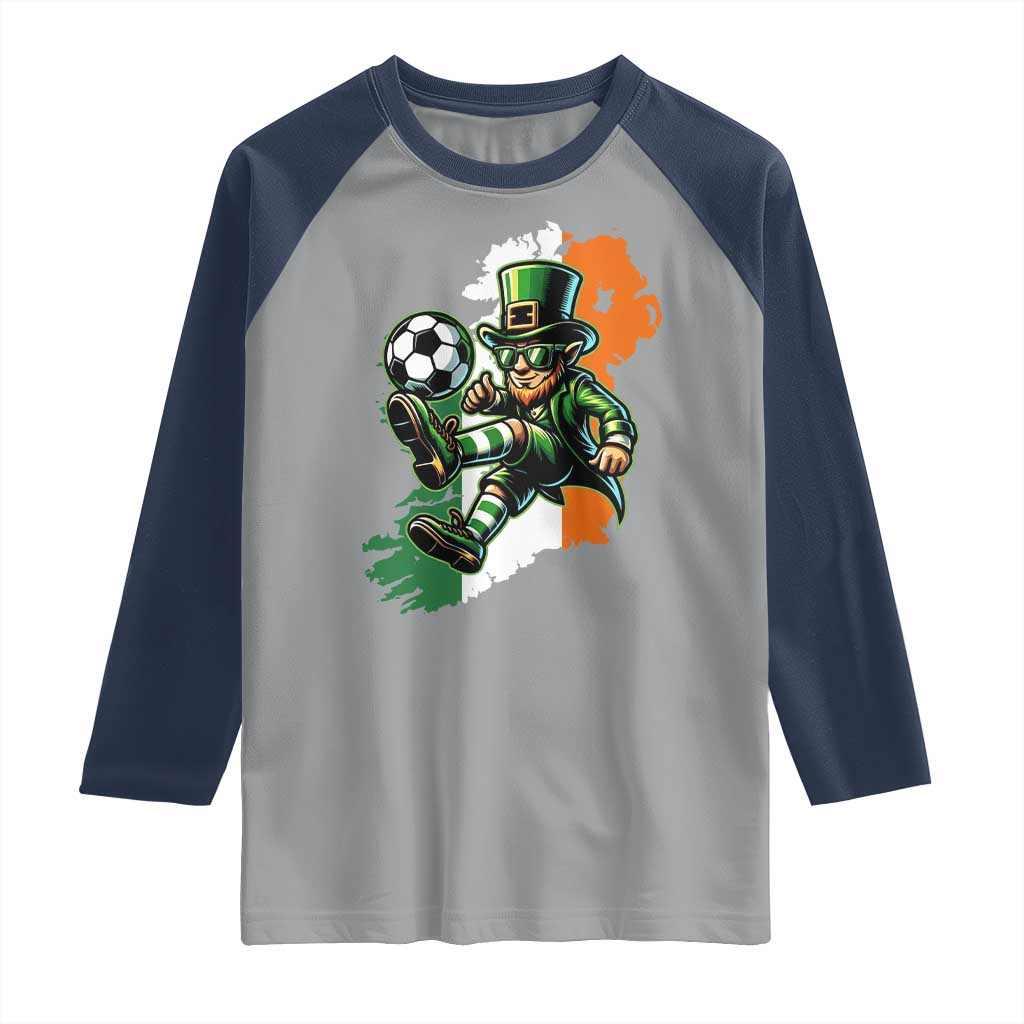 Funny Leprechaun Playing Soccer Raglan Shirt St Patricks Day TS12 Sport Gray Navy Print Your Wear