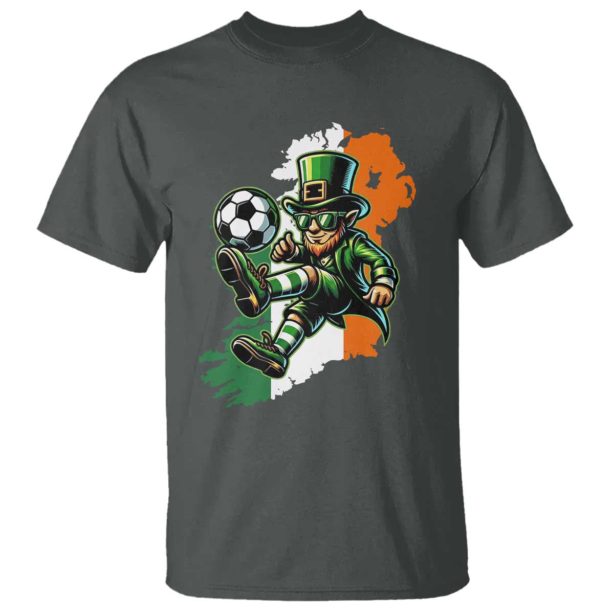 Funny Leprechaun Playing Soccer T Shirt St Patricks Day TS12 Dark Heather Print Your Wear