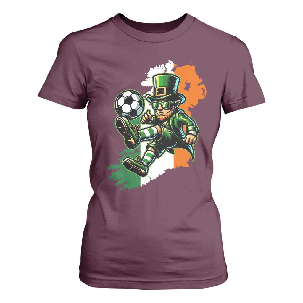 Funny Leprechaun Playing Soccer T Shirt For Women St Patricks Day TS12 Maroon Print Your Wear