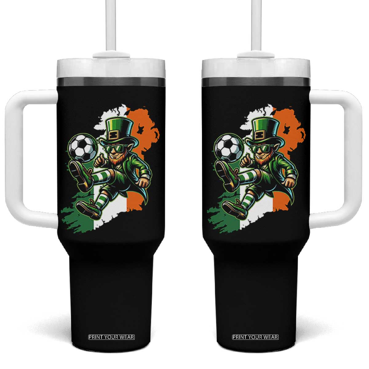 Funny Leprechaun Playing Soccer Tumbler With Handle St Patricks Day TS12 One Size: 40 oz Black Print Your Wear